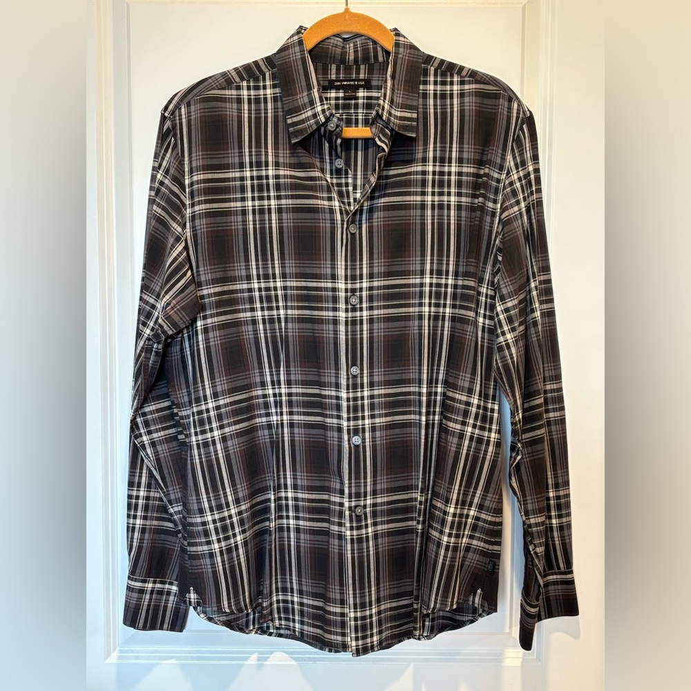 John Varvatos Men's Blue Plaid Shirt Size L 100% Cotton Lightweight Madras